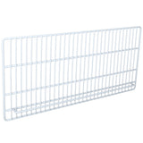 A white, rectangular metal wire bottom shelf with evenly spaced bars, viewed at an angle against a plain background. This open-grid Empura Parts shelf is designed for storage or organization in Empura Refrigeration units.