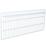 A white metal wire bottom shelf with horizontal and vertical bars forming a grid pattern. The rectangular Empura Parts shelf is viewed at an angle, showing its depth and raised edges, ideal for storage or organization in Empura Refrigeration units.