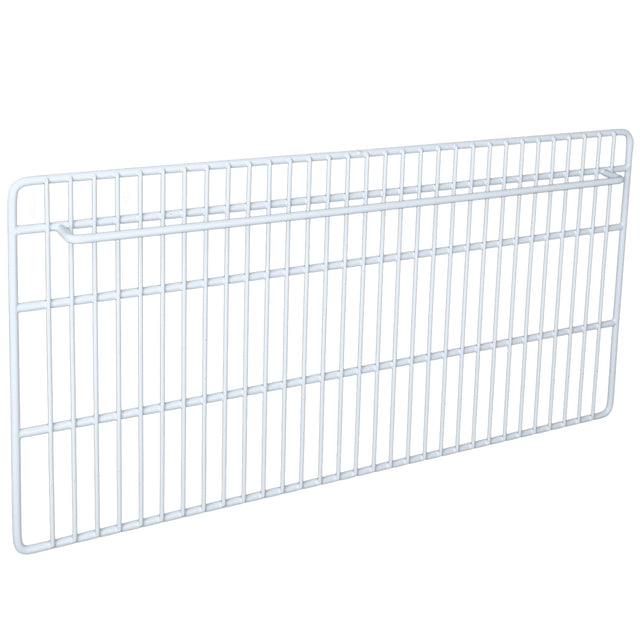 A white metal wire bottom shelf with horizontal and vertical bars forming a grid pattern. The rectangular Empura Parts shelf is viewed at an angle, showing its depth and raised edges, ideal for storage or organization in Empura Refrigeration units.