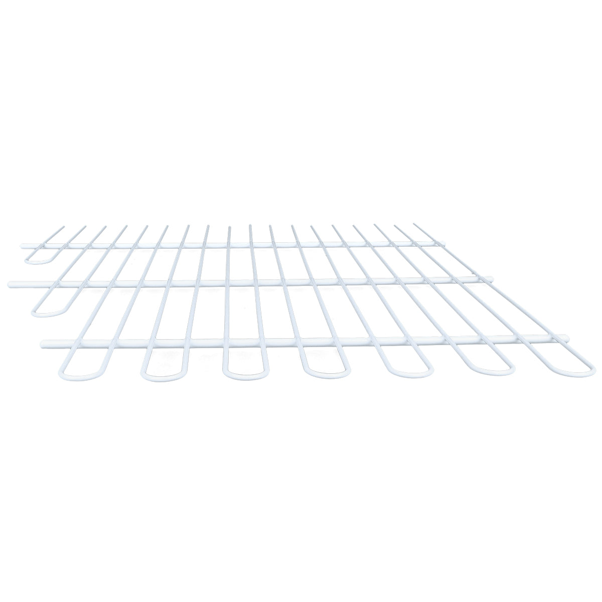 A white metal wire rack, possibly a Middle Shelf for Empura Refrigeration, features parallel bars and rounded front edges. Viewed from a low angle, it displays its flat grid structure and is isolated on a white background with no other objects visible.