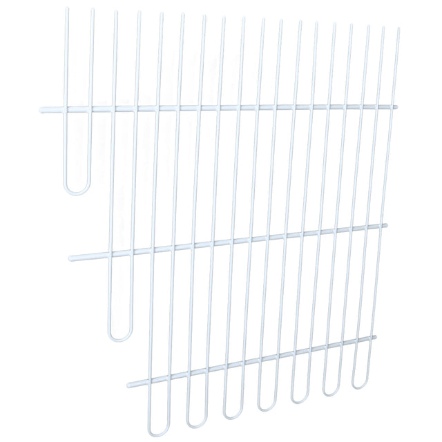 A white metal wire cooling rack with parallel bars and an angled edge, featuring six long vertical wires with U-shaped bends at the ends and three horizontal support wires—ideal as a Middle Shelf for Empura Refrigeration. Shown against a plain white background.