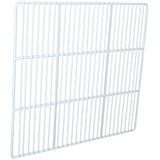 A rectangular white metal wire shelf, compatible with Empura Refrigeration units, features evenly spaced vertical and horizontal bars. The grid pattern forms narrow rectangular openings across the entire surface.
