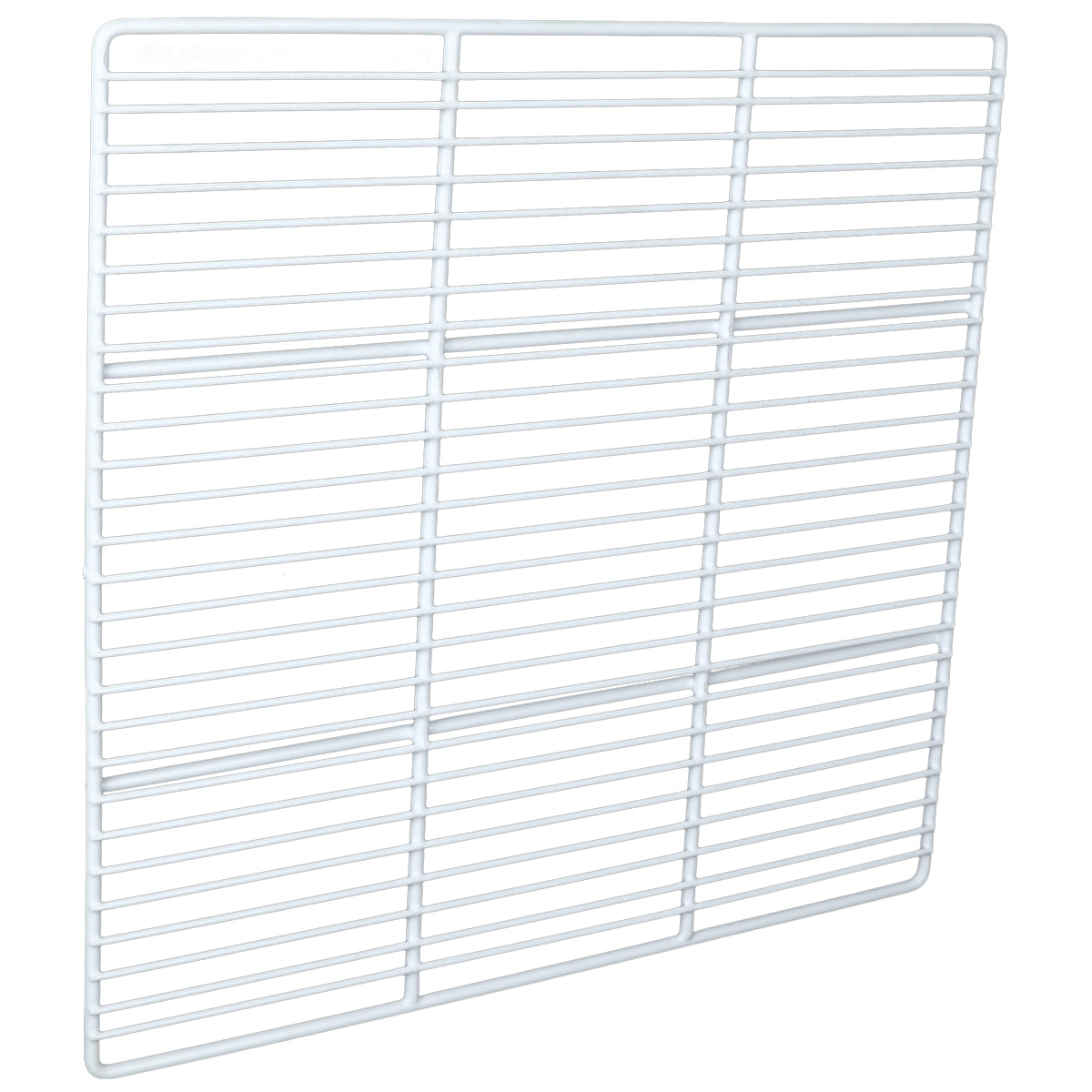 A rectangular, white wire grid panel—compatible with Empura Parts—is shown against a white background, slightly angled to highlight its depth and structure. Evenly spaced bars create rectangular openings for use as a Left Shelf in Empura Refrigeration units.
