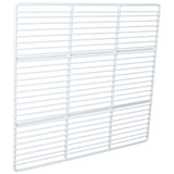 A rectangular, white wire grid panel—compatible with Empura Parts—is shown against a white background, slightly angled to highlight its depth and structure. Evenly spaced bars create rectangular openings for use as a Left Shelf in Empura Refrigeration units.