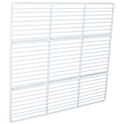 A rectangular, white wire grid panel—compatible with Empura Parts—is shown against a white background, slightly angled to highlight its depth and structure. Evenly spaced bars create rectangular openings for use as a Left Shelf in Empura Refrigeration units.