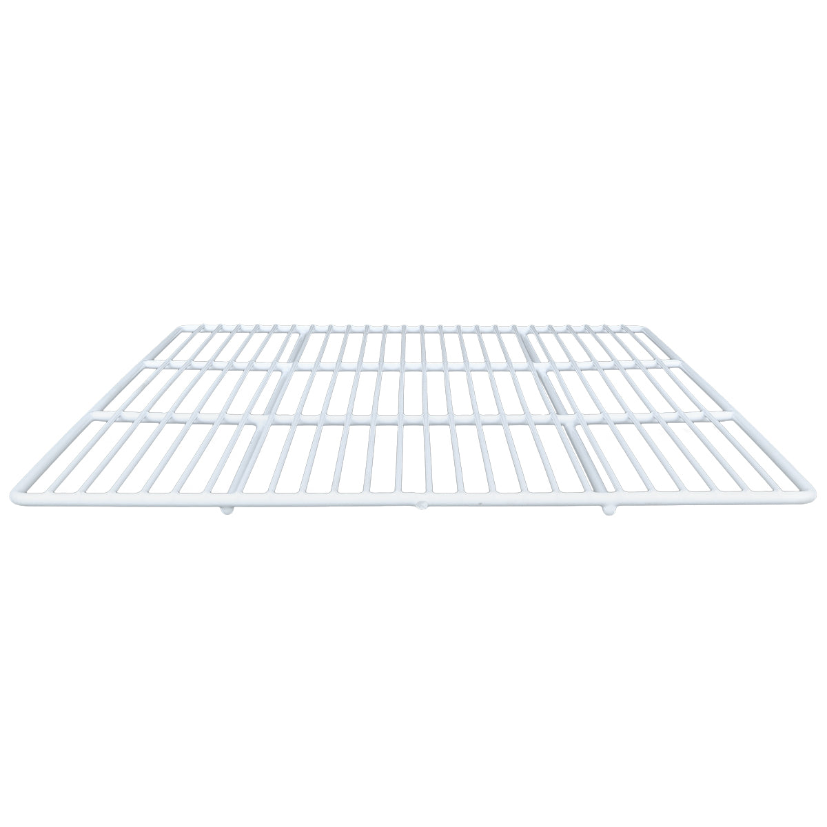 A white metal wire shelf, such as the Right Shelf from Empura Parts, is viewed from a low angle, showing evenly spaced bars. The rectangular shelf has a clean, minimalistic design set against a plain white background.