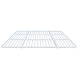 A white metal wire shelf, such as the Right Shelf from Empura Parts, is viewed from a low angle, showing evenly spaced bars. The rectangular shelf has a clean, minimalistic design set against a plain white background.
