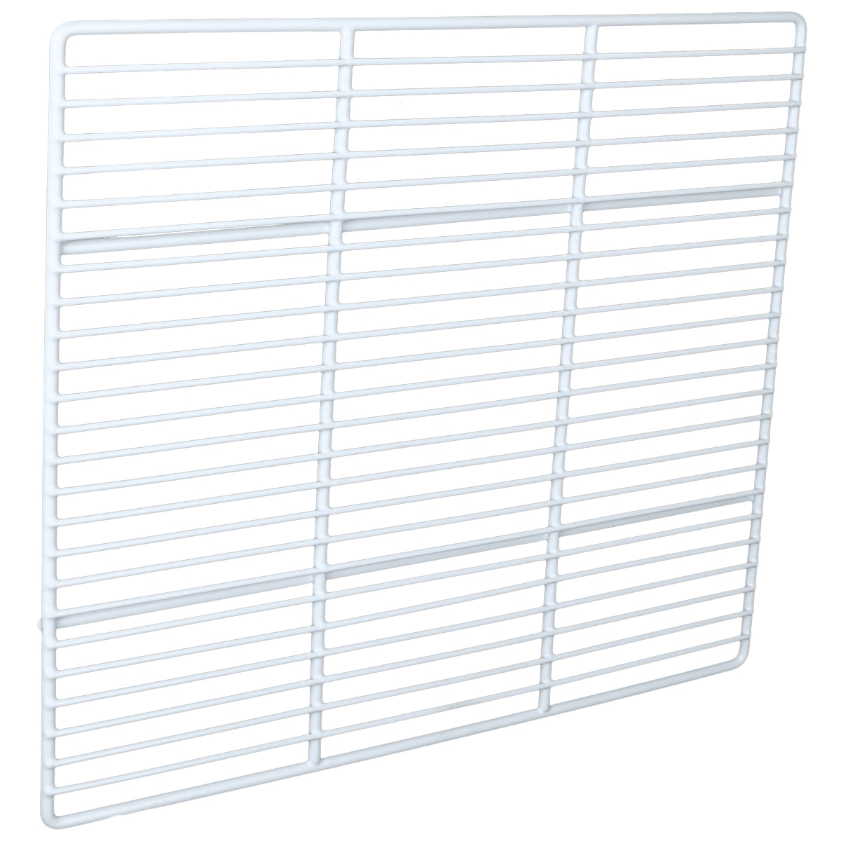 A rectangular white metal wire rack, compatible as a Right Shelf for Empura Refrigeration, features evenly spaced horizontal and vertical bars. Slightly tilted against a plain white background, it showcases its flat, grid-patterned design.