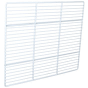 A rectangular white metal wire rack, compatible as a Right Shelf for Empura Refrigeration, features evenly spaced horizontal and vertical bars. Slightly tilted against a plain white background, it showcases its flat, grid-patterned design.