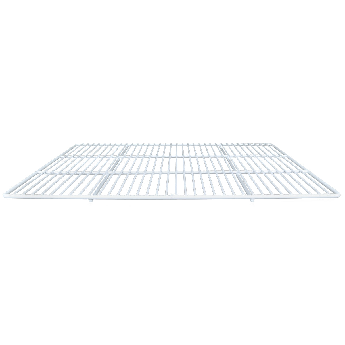 A white metal wire Left Shelf viewed from the front at a low angle, showing parallel horizontal and vertical bars forming a grid pattern; compatible with Empura Refrigeration, the shelf is flat and rectangular with open spaces between the wires.