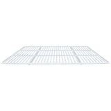 A white metal wire Left Shelf viewed from the front at a low angle, showing parallel horizontal and vertical bars forming a grid pattern; compatible with Empura Refrigeration, the shelf is flat and rectangular with open spaces between the wires.
