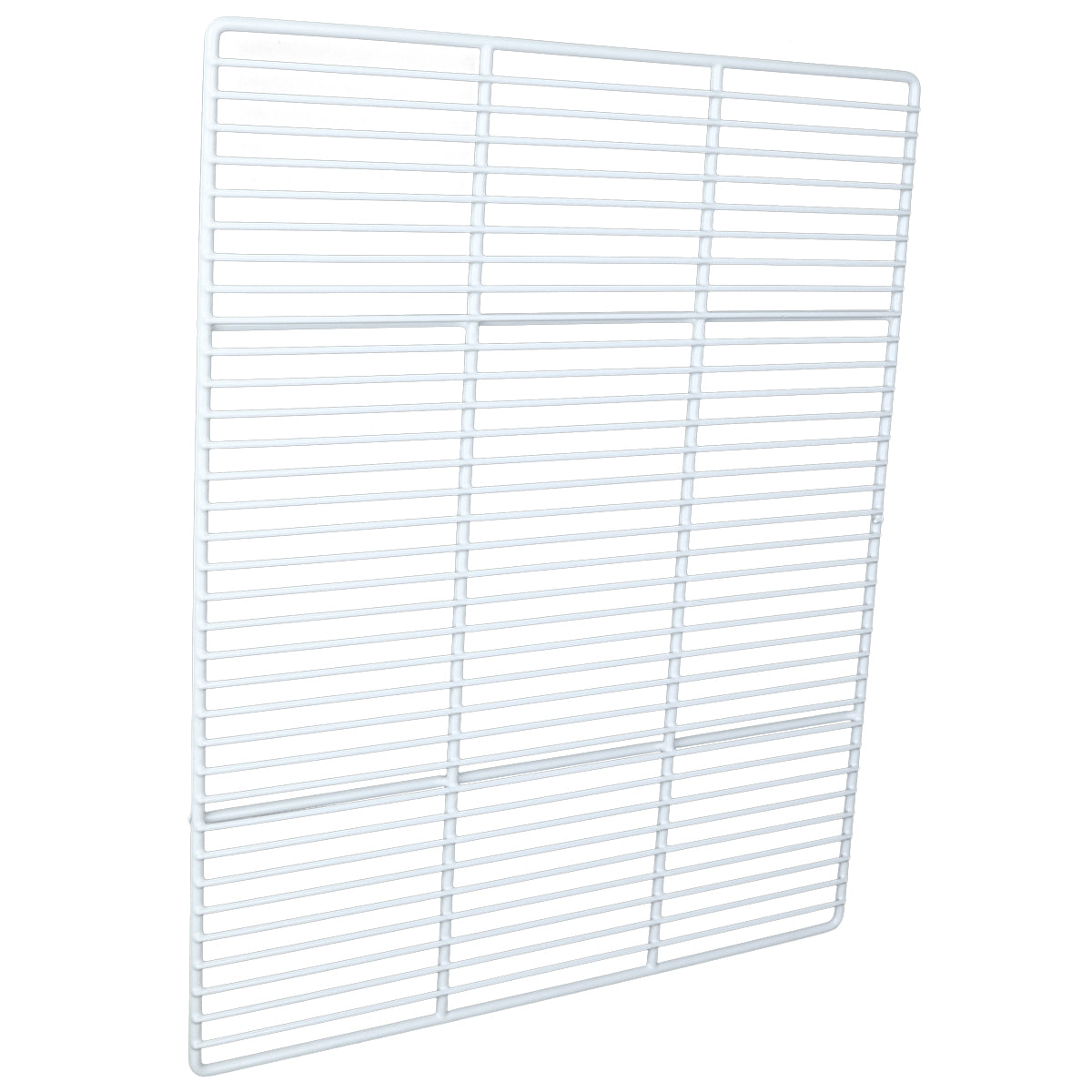 A white, rectangular metal wire shelving rack—such as an Empura Refrigeration Left Shelf—with evenly spaced bars for ventilation and support. The rack is shown against a plain white background, viewed at a slight angle.