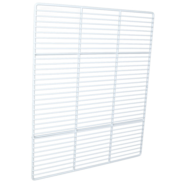 A white, rectangular metal wire shelving rack—such as an Empura Refrigeration Left Shelf—with evenly spaced bars for ventilation and support. The rack is shown against a plain white background, viewed at a slight angle.