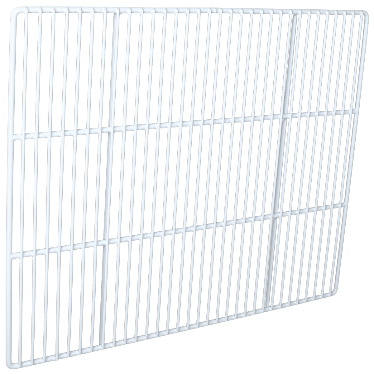 A rectangular, white metal wire shelf from Empura Parts with evenly spaced bars. The grid-like pattern features one slightly wider vertical section, creating an asymmetrical appearance. Ideal as a right shelf for Empura Refrigeration units. Background is plain white.