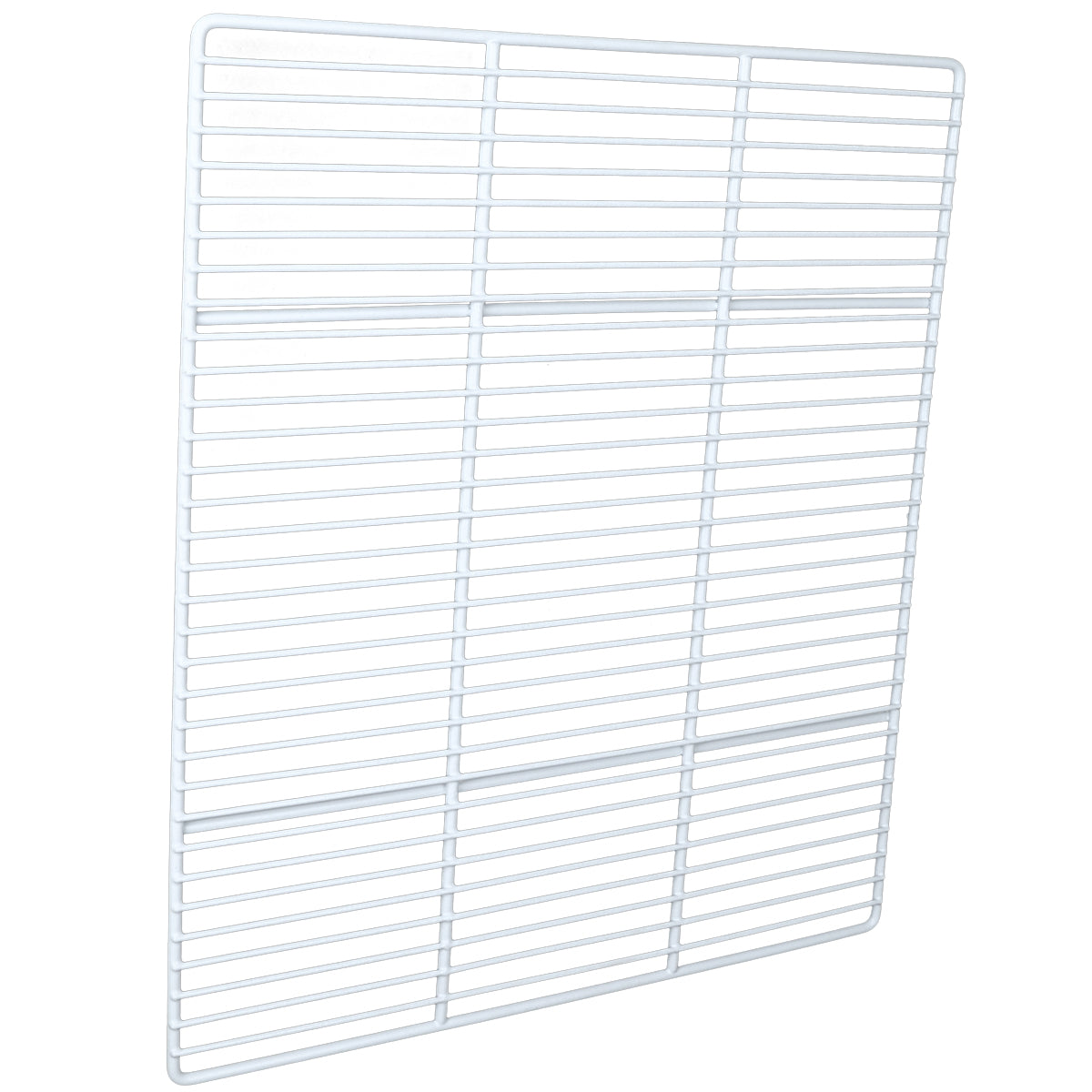 A white metal wire grid or rack, often used as a Left Shelf in Empura Refrigeration units. The grid features evenly spaced horizontal and vertical bars, forming a rectangular shape, and is photographed against a plain white background.