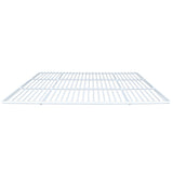 A white wire rack shelf viewed from the front, showing evenly spaced horizontal and vertical metal bars forming a grid pattern. This flat, rectangular Left Shelf is designed for storage or as a replacement for Empura Refrigeration units.