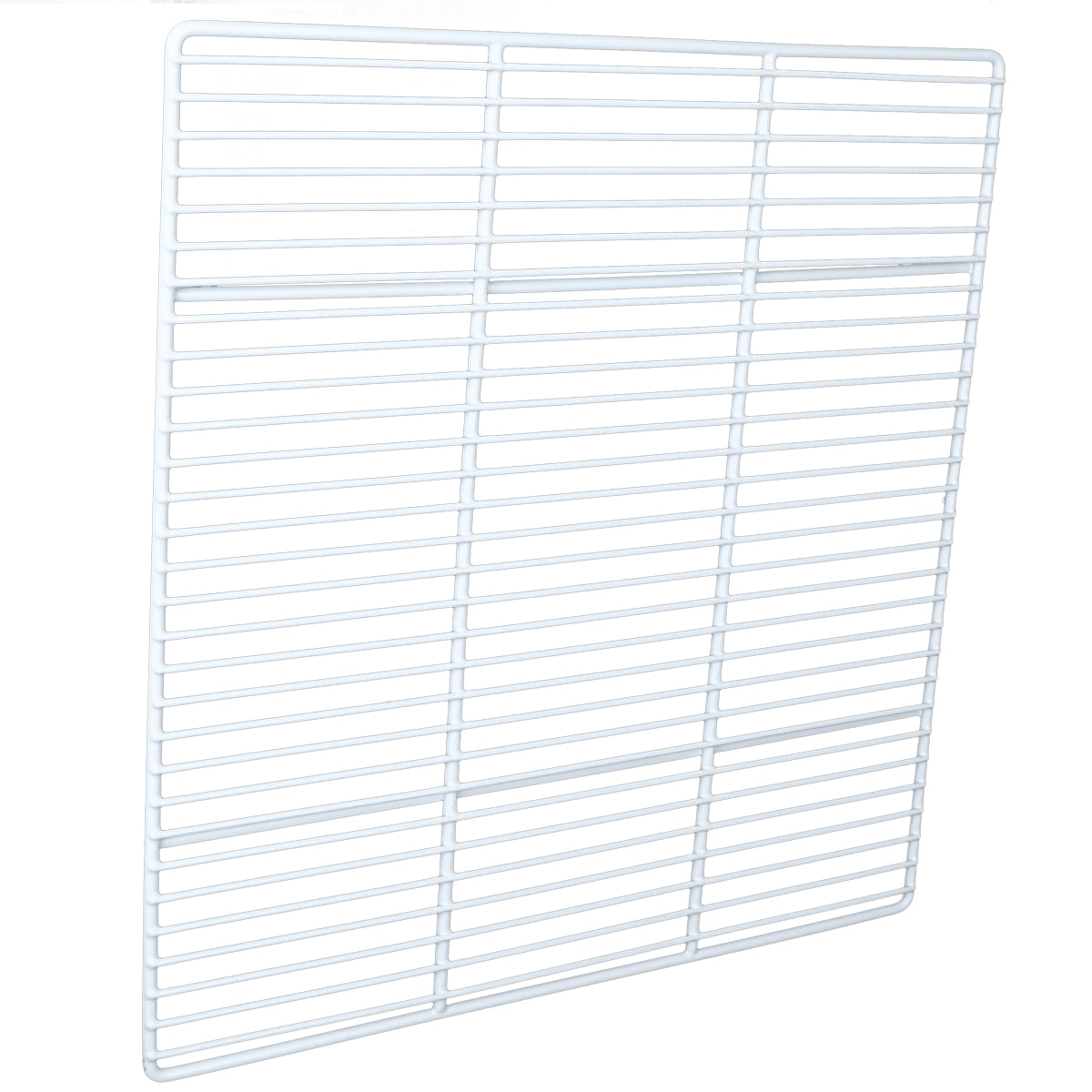 A white, rectangular metal wire grid shelf, compatible as a Left Shelf for Empura Refrigeration units, is shown against a plain background. The closely spaced bars form a sturdy grid pattern, with the angle highlighting its depth and structure.