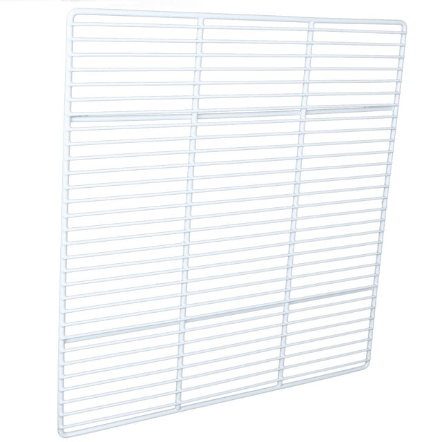 A white, rectangular metal wire grid shelf, compatible as a Left Shelf for Empura Refrigeration units, is shown against a plain background. The closely spaced bars form a sturdy grid pattern, with the angle highlighting its depth and structure.