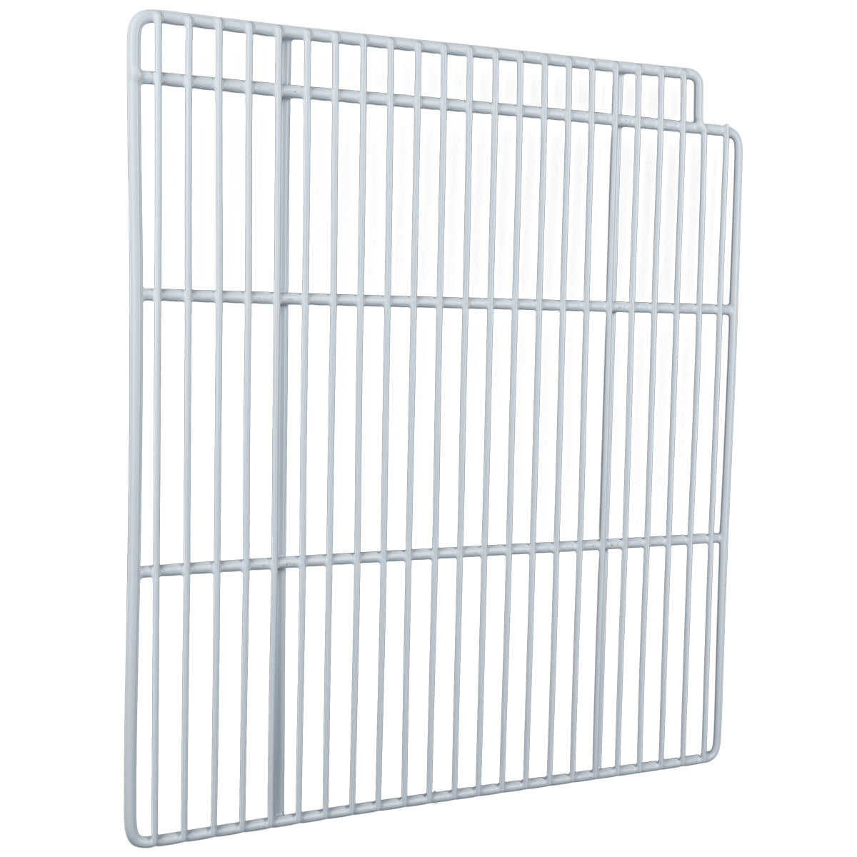 A white rectangular metal wire shelf with a grid pattern, featuring vertical and horizontal bars. One side is slightly raised, indicating it may slide into or rest on an Empura Refrigeration unit. The background is plain white.