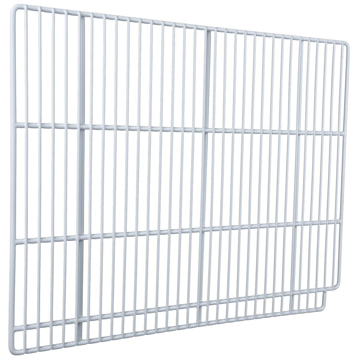 A white metal wire rack, compatible with Empura Refrigeration units, features a rectangular shape with evenly spaced bars and a slightly raised border. Photographed against a plain background, this Empura Parts shelf showcases its open grid-like design.