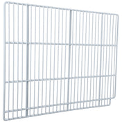 A white metal wire rack, compatible with Empura Refrigeration units, features a rectangular shape with evenly spaced bars and a slightly raised border. Photographed against a plain background, this Empura Parts shelf showcases its open grid-like design.
