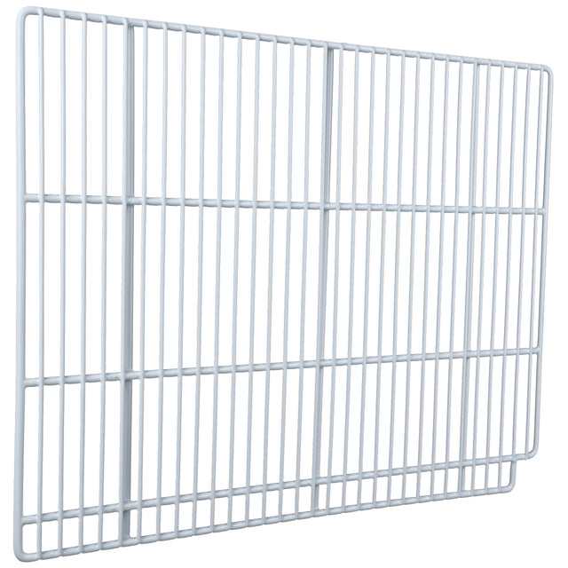 A white metal wire rack, compatible with Empura Refrigeration units, features a rectangular shape with evenly spaced bars and a slightly raised border. Photographed against a plain background, this Empura Parts shelf showcases its open grid-like design.