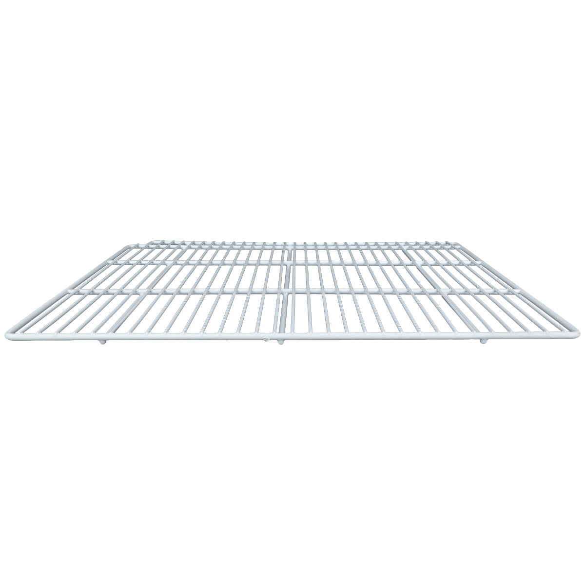 A metal wire Empura Refrigeration rack viewed from a low angle, showing parallel horizontal and vertical bars creating a grid pattern. This Left Shelf has a clean, functional design, ideal for ovens or storage. The background is plain white.