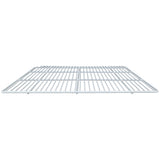 A metal wire Empura Refrigeration rack viewed from a low angle, showing parallel horizontal and vertical bars creating a grid pattern. This Left Shelf has a clean, functional design, ideal for ovens or storage. The background is plain white.