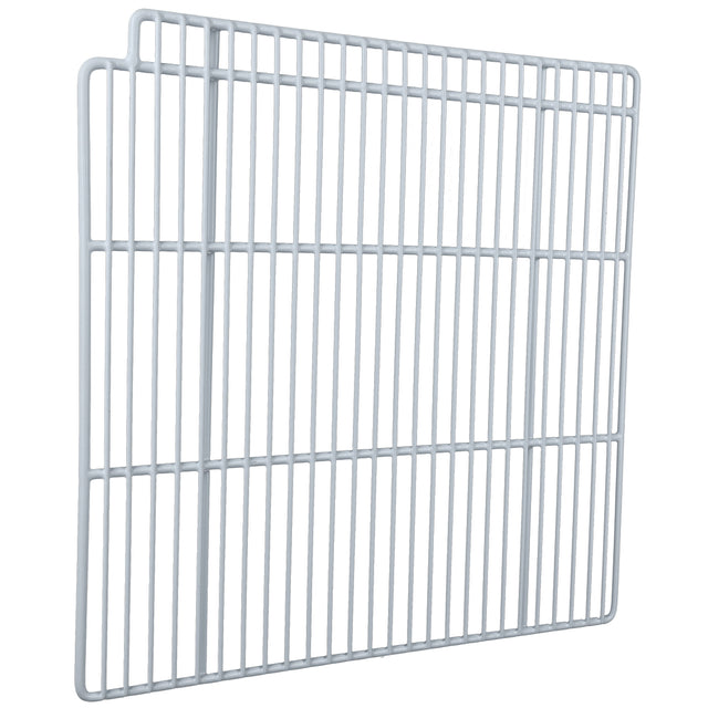 Two rectangular metal wire racks, like those used as Left Shelf components in Empura Refrigeration, overlap slightly and stand upright against a white background. Each light gray rack forms a grid of evenly spaced vertical and horizontal bars.