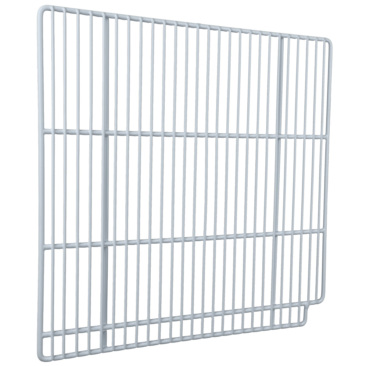 A metal wire shelf with vertical and horizontal bars forming a grid pattern. Designed for Empura Refrigeration, this Left Shelf is rectangular with a slight notch at the bottom right and features a clean, white finish.