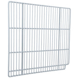 A metal wire shelf with vertical and horizontal bars forming a grid pattern. Designed for Empura Refrigeration, this Left Shelf is rectangular with a slight notch at the bottom right and features a clean, white finish.
