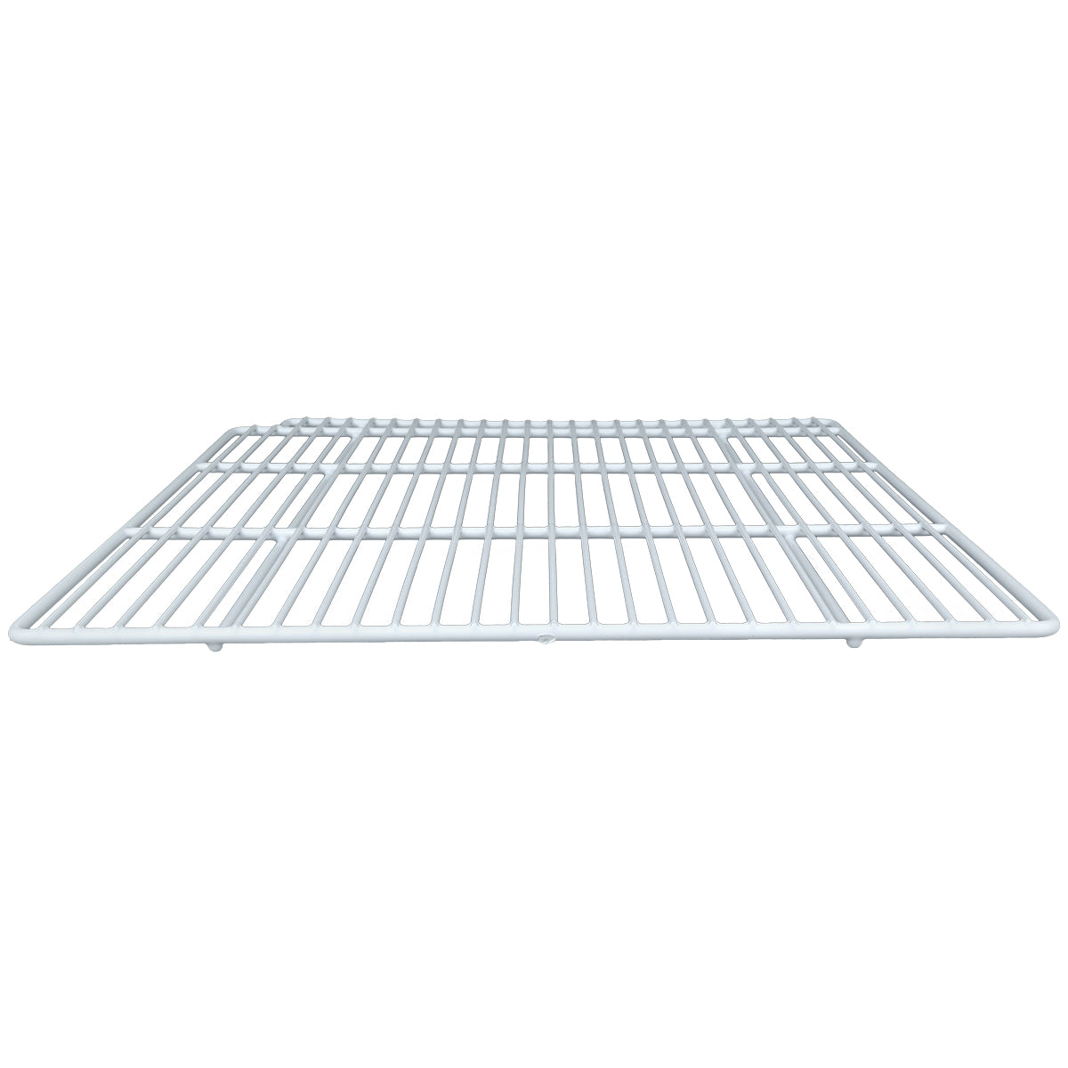 A metal oven rack, possibly a Left Shelf from Empura Refrigeration, is viewed from the front at a low angle. The rack’s parallel bars form a grid pattern in a simple rectangular shape with a smooth, silver finish against a plain white background.