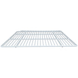 A metal oven rack, possibly a Left Shelf from Empura Refrigeration, is viewed from the front at a low angle. The rack’s parallel bars form a grid pattern in a simple rectangular shape with a smooth, silver finish against a plain white background.