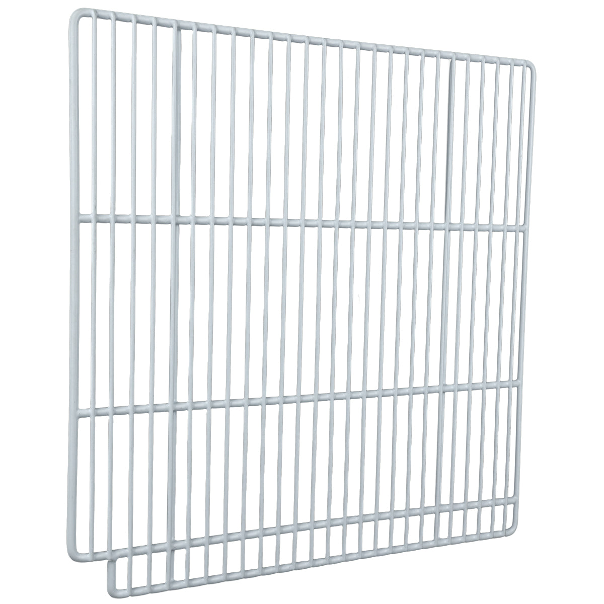 Two white metal wire racks, like those found in Empura Refrigeration units, are shown overlapping each other. Both racks have evenly spaced vertical and horizontal bars, creating a grid pattern against a plain white background.