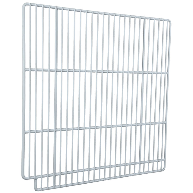 Two white metal wire racks, like those found in Empura Refrigeration units, are shown overlapping each other. Both racks have evenly spaced vertical and horizontal bars, creating a grid pattern against a plain white background.