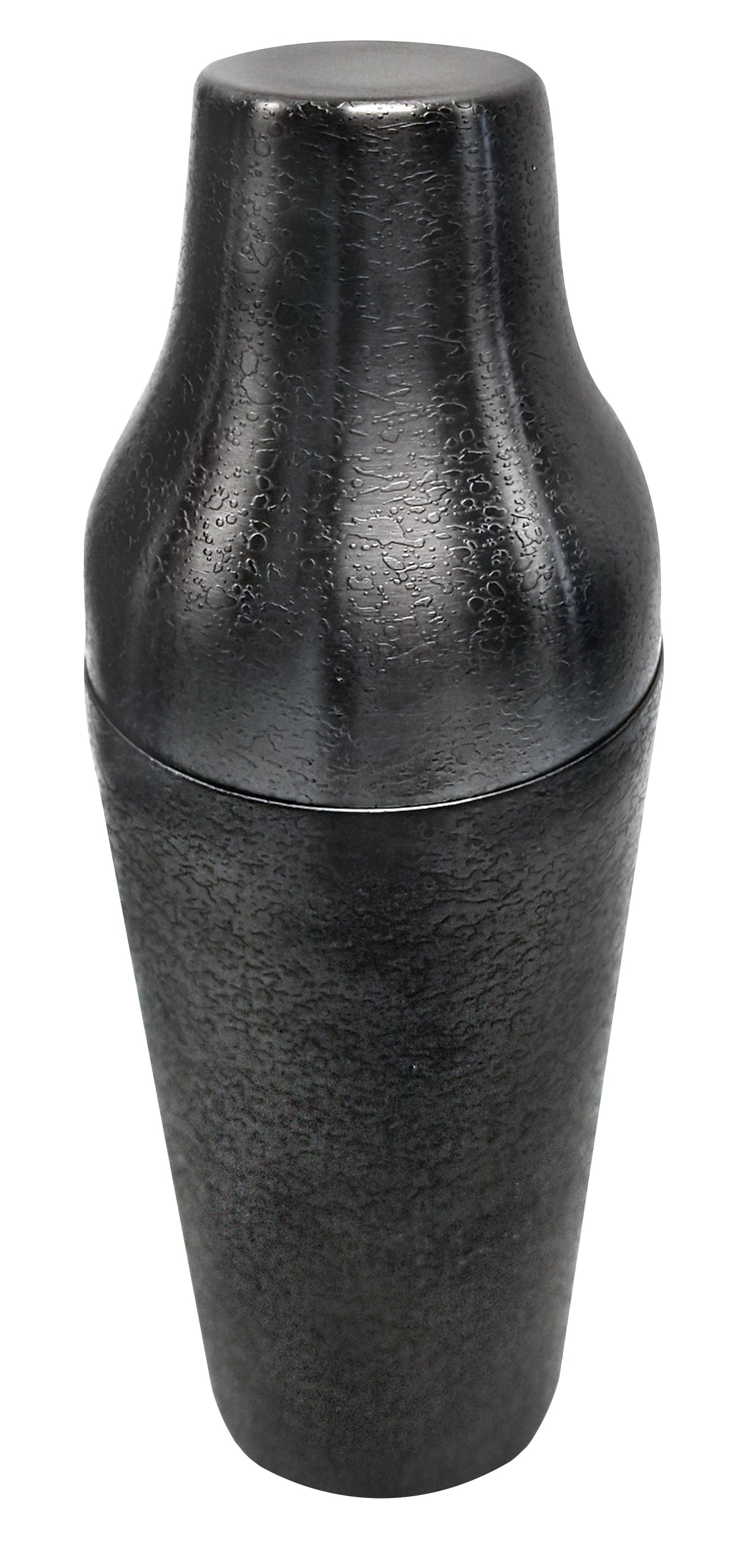 A premium matte black stainless steel cocktail shaker with a textured surface stands upright, cap securely on top. Its modern, sleek design and cylindrical shape are highlighted by lighting against a plain white background.