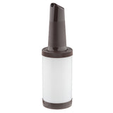 A brown polyethylene pour spout attached to a clear, quart-sized cylindrical container with a brown rim and base, this Pourmaster Complete Unit is commonly used for storing and dispensing juices or mixers. The ribbed spout is angled for easy pouring.