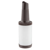 A brown polyethylene pour spout attached to a clear, quart-sized cylindrical container with a brown rim and base, this Pourmaster Complete Unit is commonly used for storing and dispensing juices or mixers. The ribbed spout is angled for easy pouring.