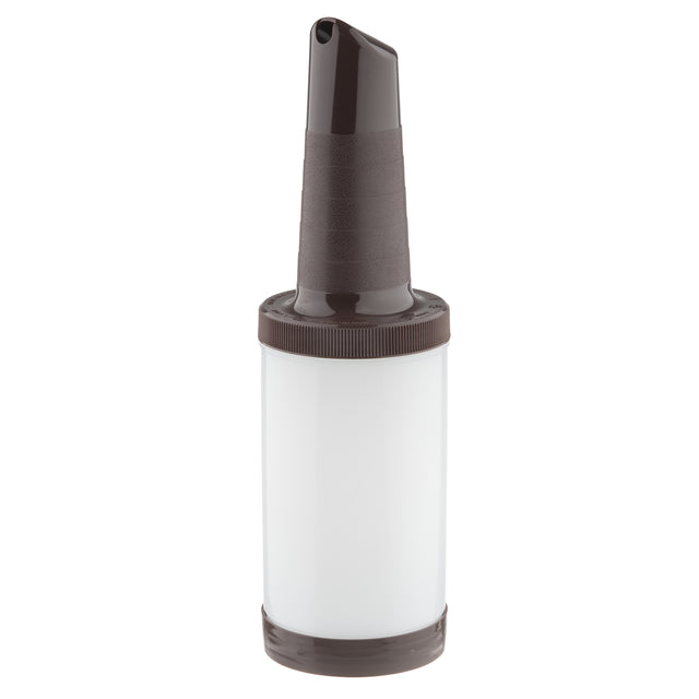 A brown polyethylene pour spout attached to a clear, quart-sized cylindrical container with a brown rim and base, this Pourmaster Complete Unit is commonly used for storing and dispensing juices or mixers. The ribbed spout is angled for easy pouring.