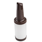 A Pourmaster Complete Unit quart bottle featuring a brown spout, screw-on top, and translucent white polyethylene body. It stands upright against a white background, ideal for easy pouring of mixers or juices.
