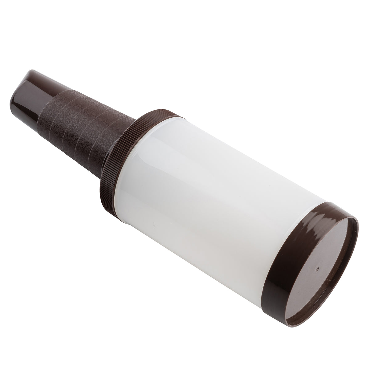 A lint roller with a white cylindrical polyethylene adhesive surface and dark brown plastic handle, shown against a white background. The handle has ridges for grip, and the roller is angled slightly with the adhesive side facing up and to the right.