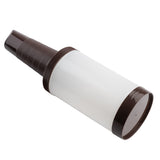 A lint roller with a white cylindrical polyethylene adhesive surface and dark brown plastic handle, shown against a white background. The handle has ridges for grip, and the roller is angled slightly with the adhesive side facing up and to the right.