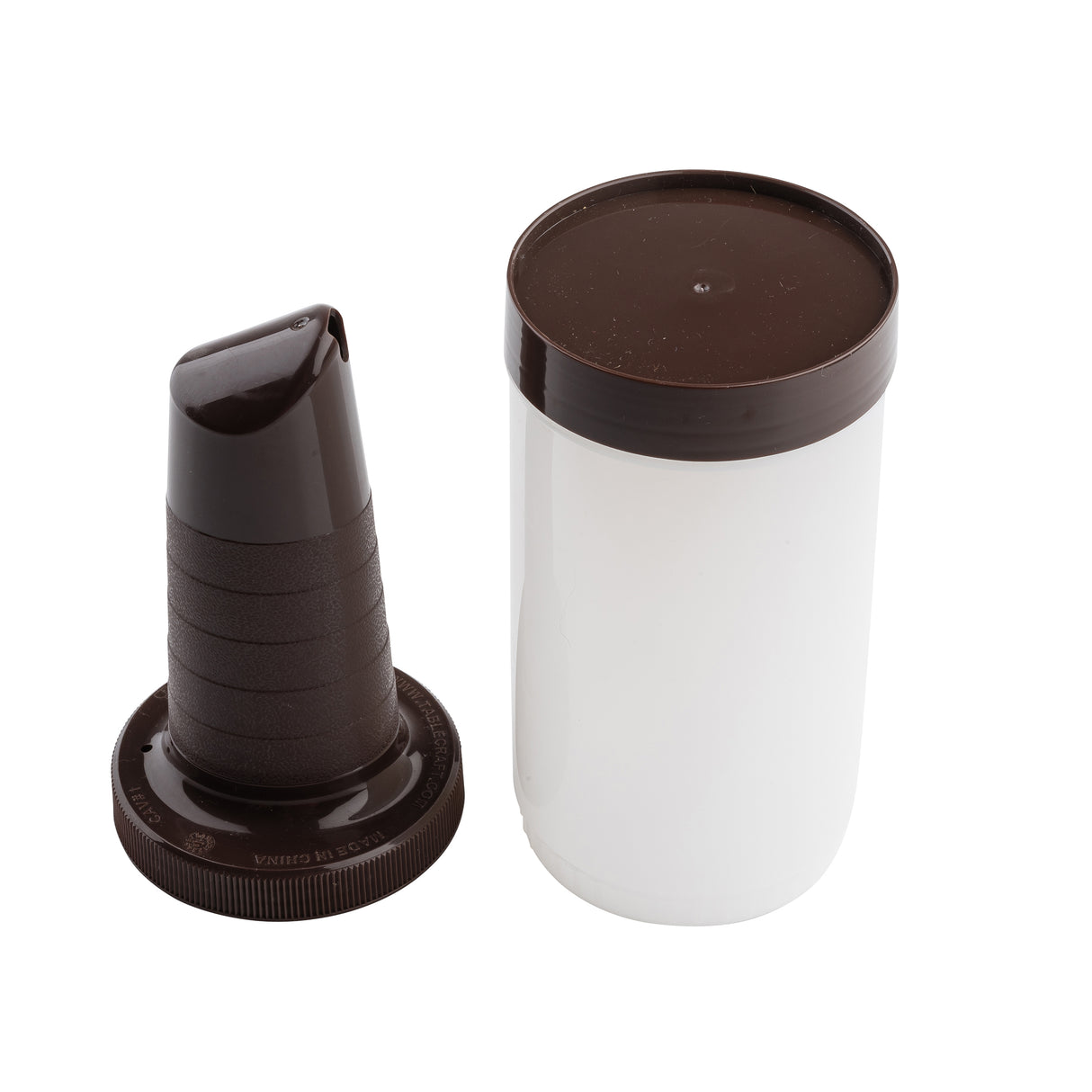 A white quart polyethylene container with a dark brown lid sits next to a matching, ridged Pourmaster Complete Unit nozzle attachment, both on a white background. The nozzle stands upright and separate from the container, which has its flat lid on top.