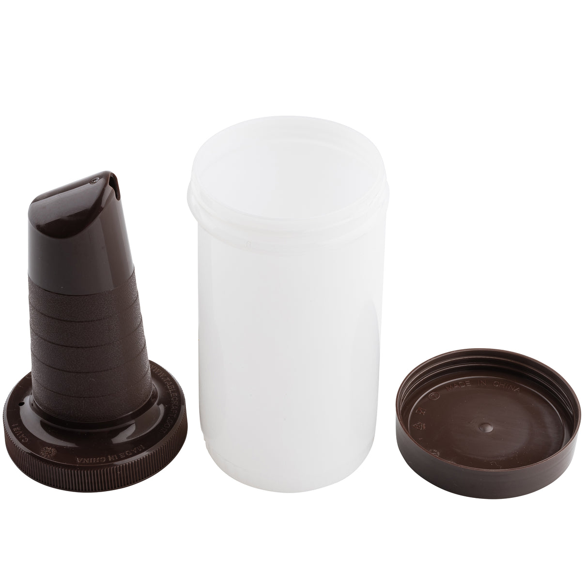 A white polyethylene quart container with a removable dark brown lid and a second dark brown Pourmaster Complete Unit attachment featuring a ribbed, slanted spout, all placed side by side on a plain white background.