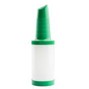 A plastic Pourmaster Complete Unit container with a white polyethylene body and a bright green, ridged, cone-shaped spout cap stands upright against a white background, appearing clean and unused.