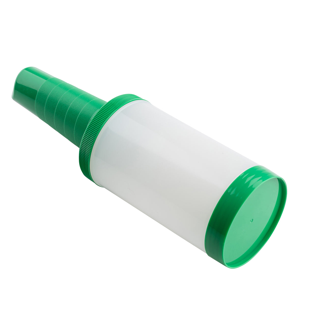 A polyethylene Pourmaster Complete Unit featuring a green, ribbed handle and white cylindrical body with a green spout cap. Positioned diagonally on a white background, the handle sits on the left and the capped end on the right.