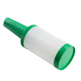 A polyethylene Pourmaster Complete Unit featuring a green, ribbed handle and white cylindrical body with a green spout cap. Positioned diagonally on a white background, the handle sits on the left and the capped end on the right.