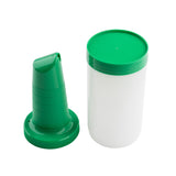 A white polyethylene container with a green lid sits next to a green spout cap, which features a pointed, angled opening for pouring or sprinkling. Both parts of the Pourmaster Complete Unit are clean and placed on a plain white background.