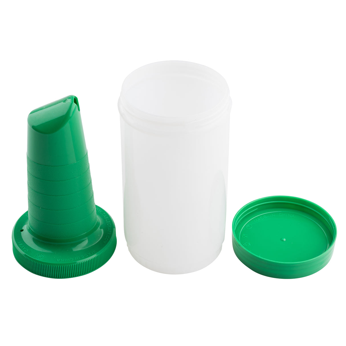 A white polyethylene Pourmaster Complete Unit with a green screw-on cap, a green funnel-shaped spout, and a separate green lid, all displayed on a white background. The green spout and lid are detached beside the open container.