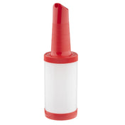 A clear plastic Pourmaster Complete Unit quart bottle with a red screw-on lid and angled red spout, designed for easy pouring in bars or kitchens. The cylindrical container stands upright for convenient liquid dispensing.